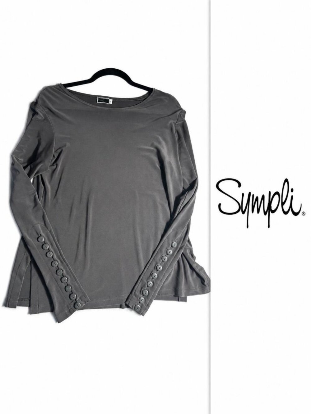 Sympli The Best Charcoal Grey Boat Neck Top  Button Cuff Detail  Made in Canada